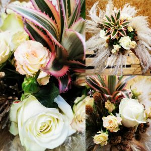 Ein wunderschöner Blumenstrauß mit zarten Rosen und exotischen Pflanzen für jeden Anlass.