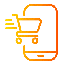 Ein leuchtend orangenes Smartphone-Symbol mit Einkaufswagen für schnelles, einfaches Online-Shopping. Super praktisch, oder? Direkt auf dein Handy!