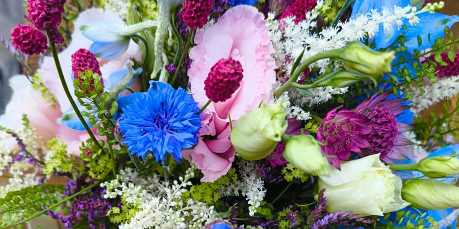 Schau dir diesen wunderschönen Blumenstrauß an! Pinke Rosen, blaue Kornblumen und lila Akzente machen ihn zu einem echten Hingucker. Perfekt als Geschenk oder Dekoration!